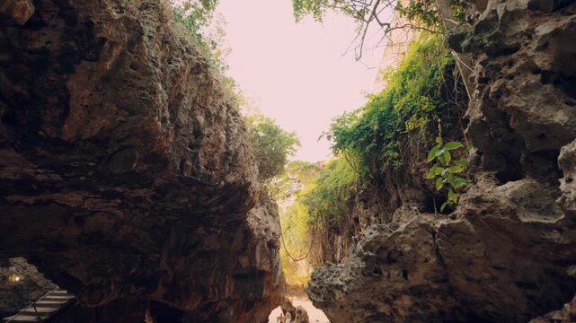 Standing at the bottom of a gorge, looking up at the sky through a gap in the cliffs. Overhanging rocks and tree branches frame the bright opening, creating a sense of depth and enclosure.