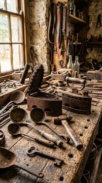 Rustic Workshop with Vintage Tools and Cast Iron Objects on a Weathered Wooden Bench.