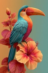 Fototapeta premium Vibrant Toucan Bird Perched on Tropical Hibiscus