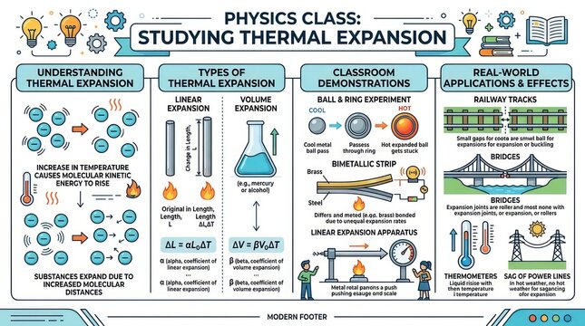 Physics class studying thermal expansion infographic with demonstrations and real world uses.
