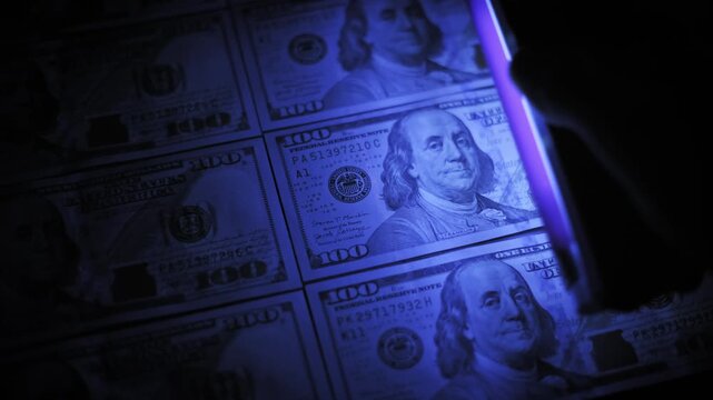 Close-up inspection of hundred dollar bills arranged in rows with a handheld ultraviolet lamp. The process verifies authenticity by revealing security features in a dark room.