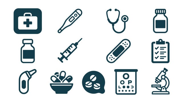 Set of minimalist medical and healthcare icons featuring a first aid kit, stethoscope, syringe, digital thermometer, bandage, microscope, eye chart, pills, and various medicine bottles.