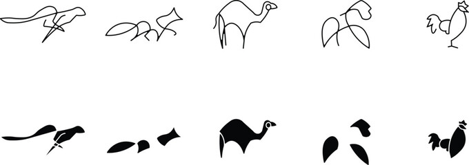 Australian fauna line art and silhouettes emu kangaroo cockatoo wombat and kookaburra © Md