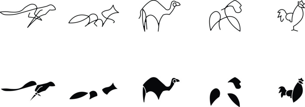 Australian fauna line art and silhouettes emu kangaroo cockatoo wombat and kookaburra