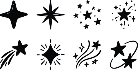Collection of eight black star illustrations featuring shooting stars, sparkles, clusters, and decorative celestial designs for graphic projects © Sreemoti