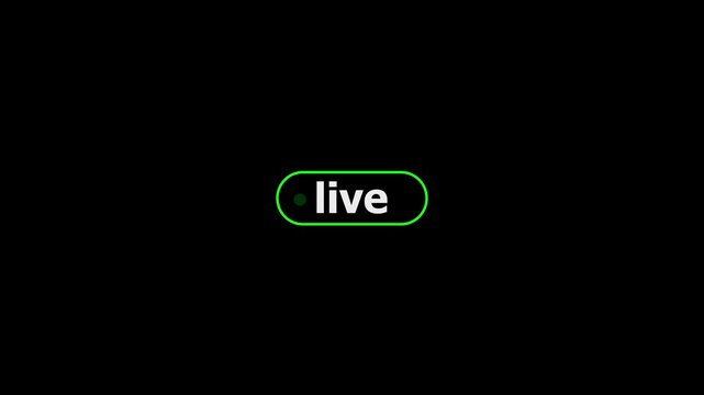 Red blinking live on air motion graphics animation black back ground .live button Animation on transparent background, Simple live streaming icon animation,