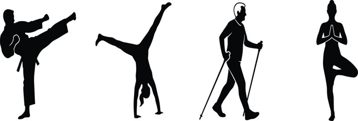 Fitness and sports black silhouette collection featuring karate martial arts cartwheel Nordic walking and yoga icons © Mdjoshelahamed4400 