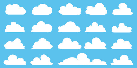 Fototapeta premium set of vector illustrations of clumpy clouds, cloud bubbles in flat style on a blue background 