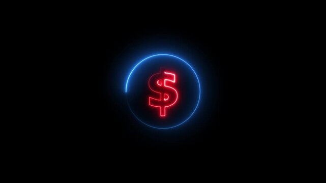 abstract neon dollar icon animation on black background, money concept video .Dollar text icon glowing neon dollar business icon animation in the circle .black background.