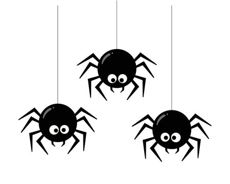Cute black hanging spiders halloween cartoon vector illustration isolated on white background for spooky decoration.