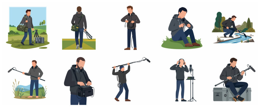 Collection of professional sound engineer and audio recordist characters in various field and studio settings.