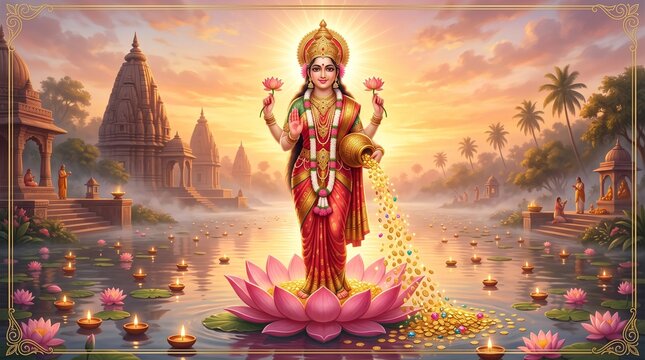 Festive goddess lakshmi floating on a water lily during varalakshmi vrat celebration with temple structures and pink lotus flowers at sunset
