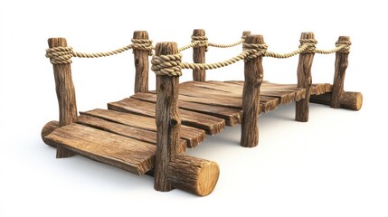 Obraz premium Rustic wooden footbridge with rope railings, isolated on a white background. Perfect for conveying concepts of transition, connection, or outdoor adventure.