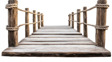 Obraz premium Rustic wooden footbridge with rope railings, isolated on a white background. Perfect for conveying concepts of transition, connection, or outdoor adventure.