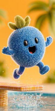 Happy Fluffy Blue Creature Jumping into Pool