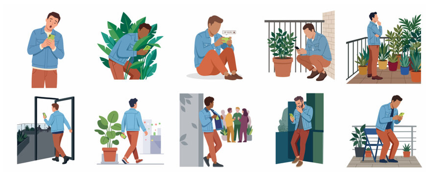 Set of flat illustrations of a suspicious man using a smartphone secretly, privacy concerns and digital security concept