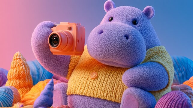 Fuzzy Hippo Tourist with Camera on Beach
