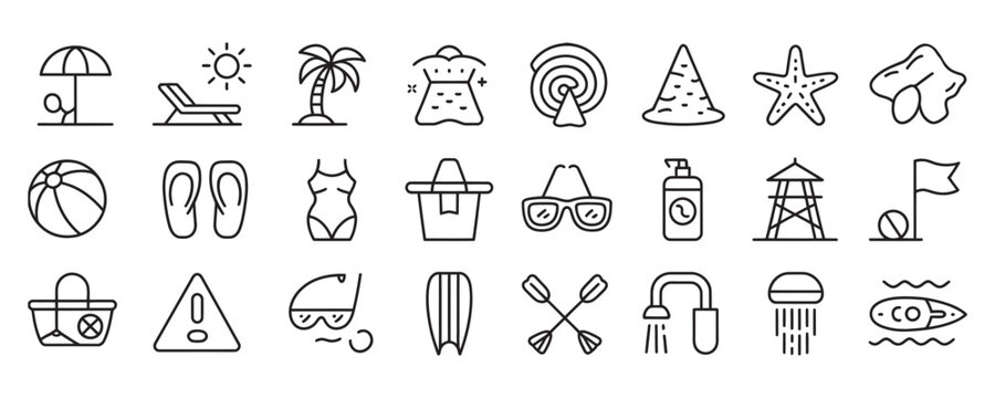 Collection of beach and summer icons in line art style for design