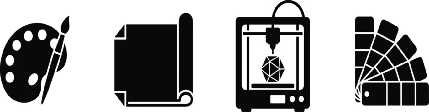 Graphic design and printing silhouette icon set featuring palette, blueprint, 3D printer, and color swatches