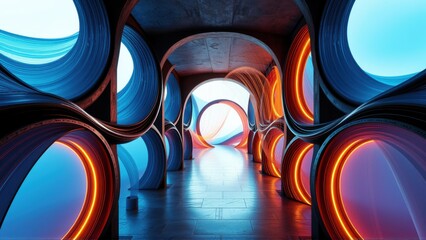 Fototapeta premium Futuristic corridor. Blue, orange lighting creates dramatic perspective. Smooth curves define space, evoking modern design aesthetic.