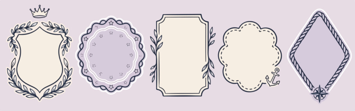 Collection of hand drawn round, square and flower frame shapes. Baroque victorian style border forms for wedding menu invitations, stickers, labels, banners and creative layouts. Birthday card decor.