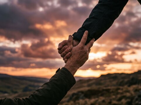 Two hands clasped together in a gesture of help and support against a dramatic sunset sky.