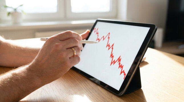 Tablet screen with red decline chart, hand using stylus in bright office, financial analysis and market drop concept