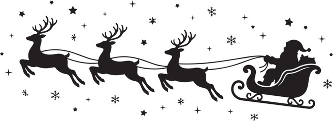 Black silhouette of Santa Claus driving his flying sleigh with three energetic reindeer across a starry winter night sky background © Raihan