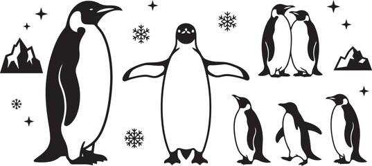 Multiple emperor penguins standing together in a collection of black and white vector silhouettes with snowflakes and mountain peak icons © Raihan