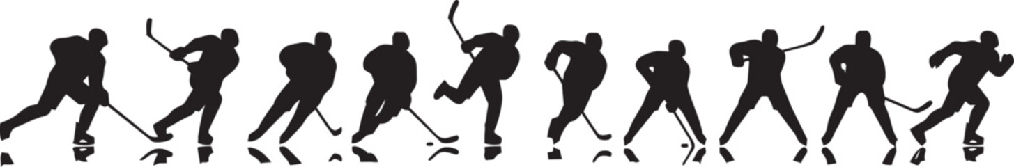 Black silhouette collection of professional ice hockey players in various active skating and shooting poses on a plain white background © Raihan