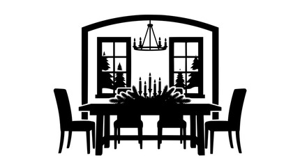 Fototapeta premium Christmas Dining Room Table Silhouette with Holiday Centerpiece and Windows