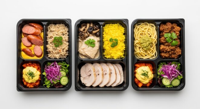 Three black plastic containers with healthy meal prep food and fresh vegetable salads