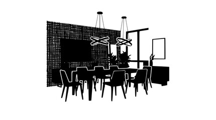 Obraz premium Modern dining room interior silhouette with furniture and lighting