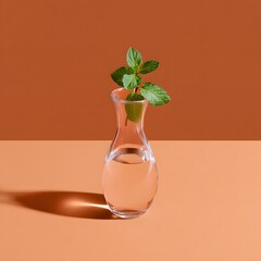 Glass water carafe with fresh mint sprig on terracotta background © Tharshan