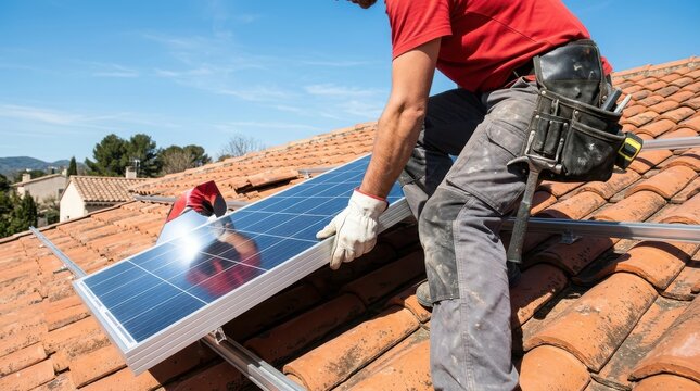 Professional worker installing solar panels on a residential tiled roof