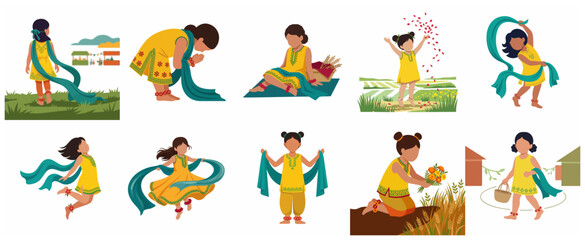 Fototapeta premium Set of little girls in traditional Indian attire celebrating harvest festival and cultural activities with dancing and joy