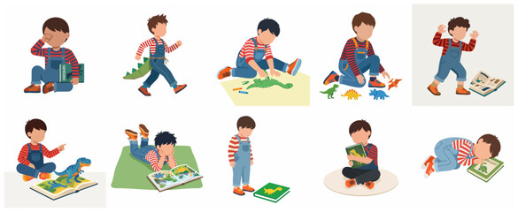 Vector illustration set of a cute little boy playing with dinosaur toys, reading prehistoric books, coloring and imagining himself as a dinosaur. Educational and fun childhood activities. © cantik