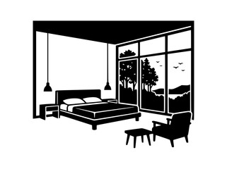 Fototapeta premium Modern Bedroom Silhouette with Large Scenic Window View Vector Illustration