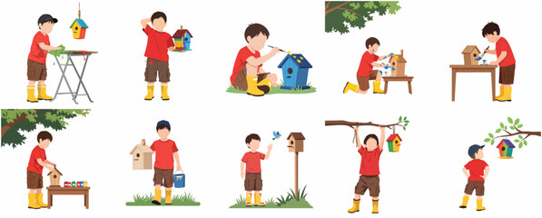 Fototapeta premium Set of illustrations of a little boy building and painting colorful wooden birdhouses, DIY craft and woodworking project for children
