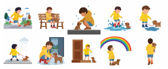 Vector illustration set of a young boy in a yellow raincoat and his puppy dog enjoying various activities in the rain, including splashing in puddles and walking under a rainbow. © cantik