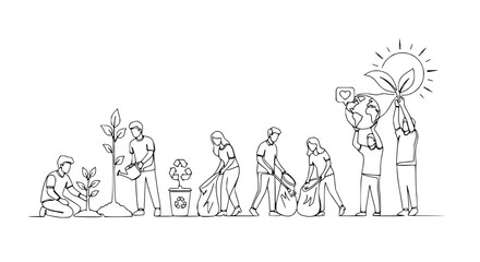 Fototapeta premium People planting trees, recycling, and caring for the earth in a linear illustration.