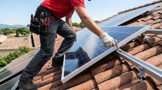 Professional solar panel installation on a residential tiled roof