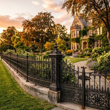 Victorian Mansion with Ornate Iron Fence and Lush Garden at Golden Hour.