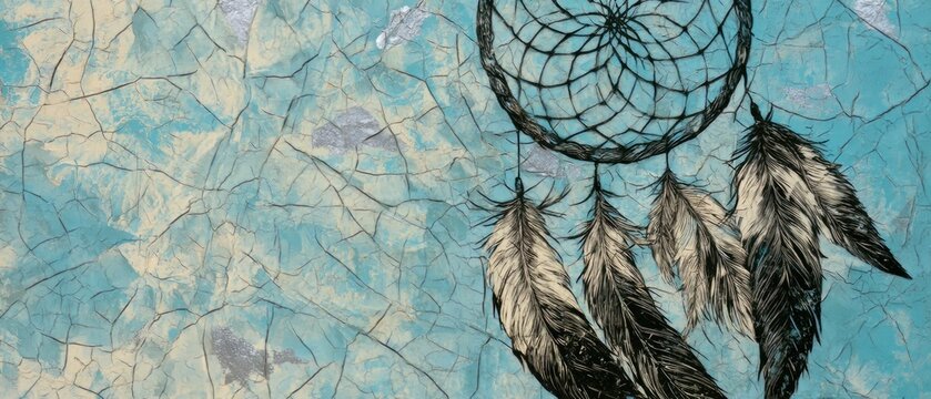 Boho Dreamcatcher with Feathers on Cracked Blue Texture