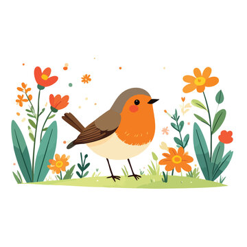 A cute cartoon European robin bird standing among colorful spring flowers.