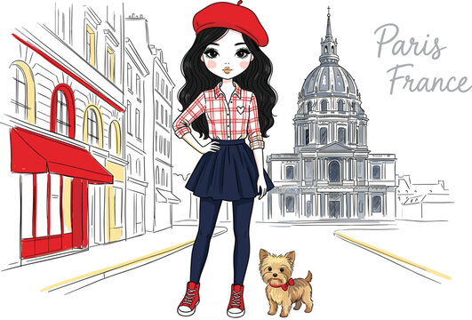 Cute fashion girl wearing beret with small puppy dog standing on stylized hand drawn Paris street vector illustration background