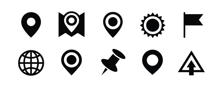 Location and navigation icons featuring map pins, markers, globe, flags, and directional arrows for digital mapping, GPS, and UI design systems.