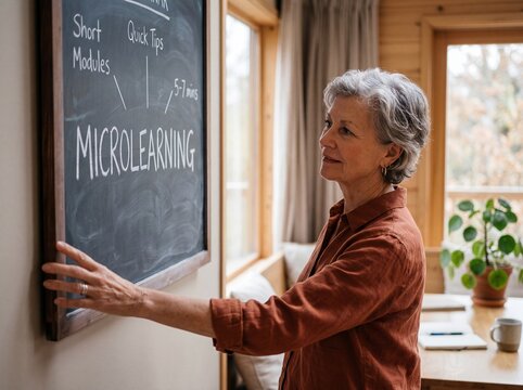 Senior woman with grey hair pointing at chalkboard showing microlearning word in cozy seminar room