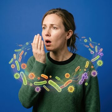 Woman checking her breath with a worried expression, surrounded by illustrative bacteria and viruses.