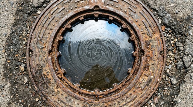 Closeup of a circular rusty metal manhole cover with a puddle of water